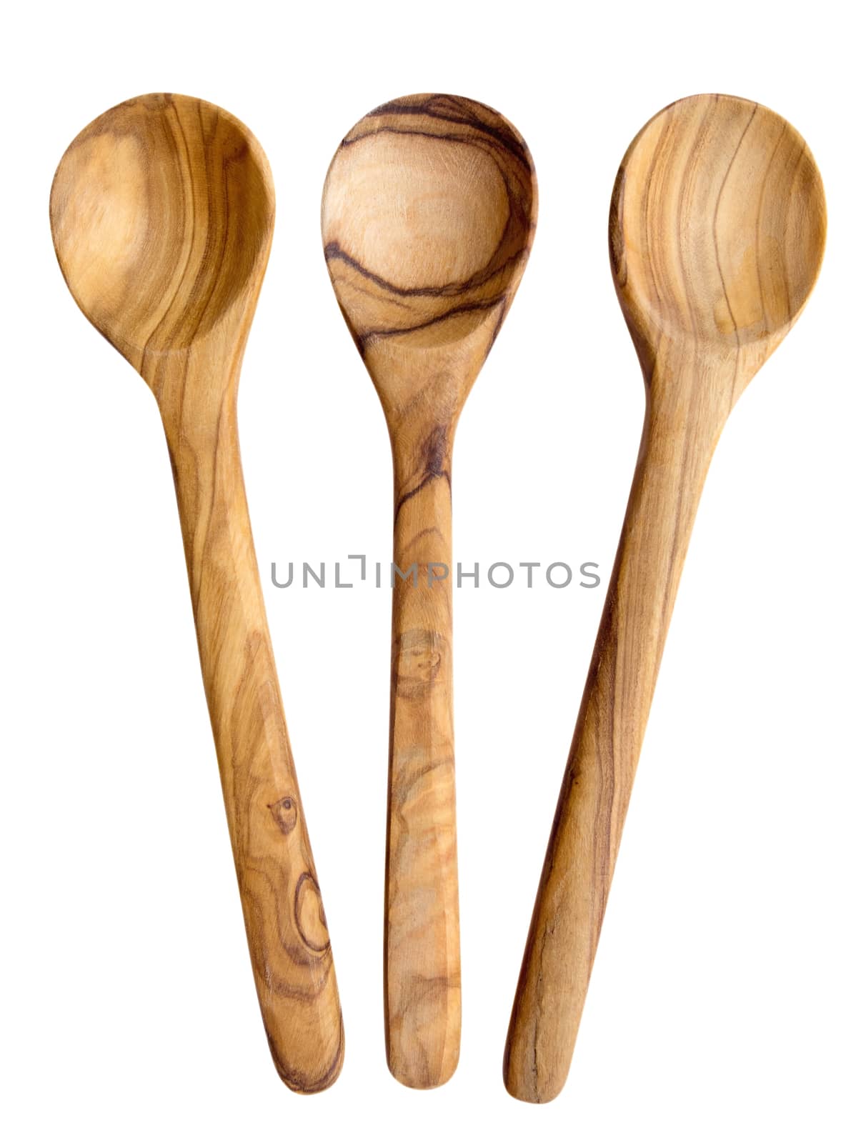 Three olive wooden spoons isolated on white. Clipping path included.