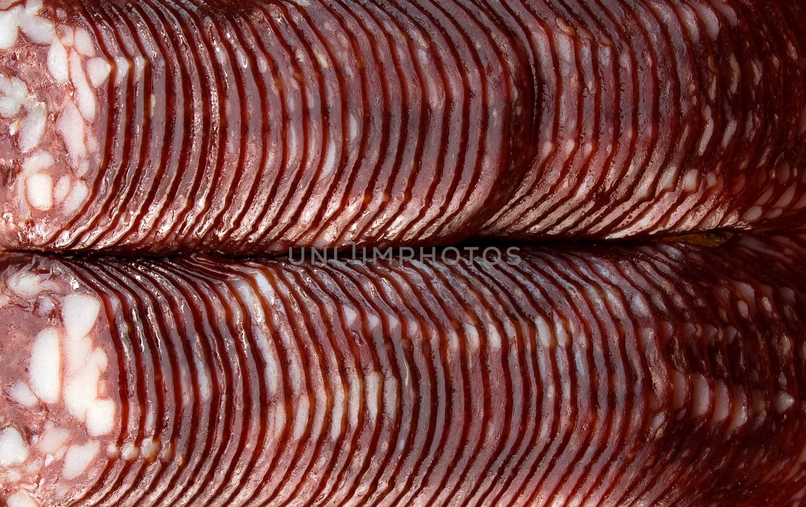 Smoked sausage slices. Close-up.