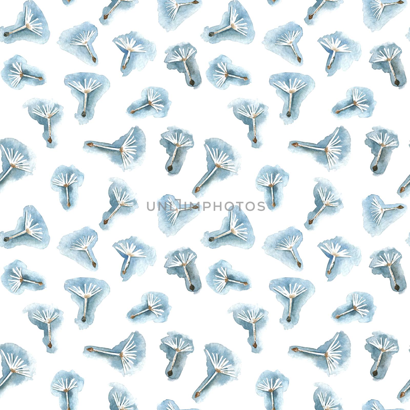 Watercolor painted flying dandelion seeds with paprachutes. Organic seamless pattern.