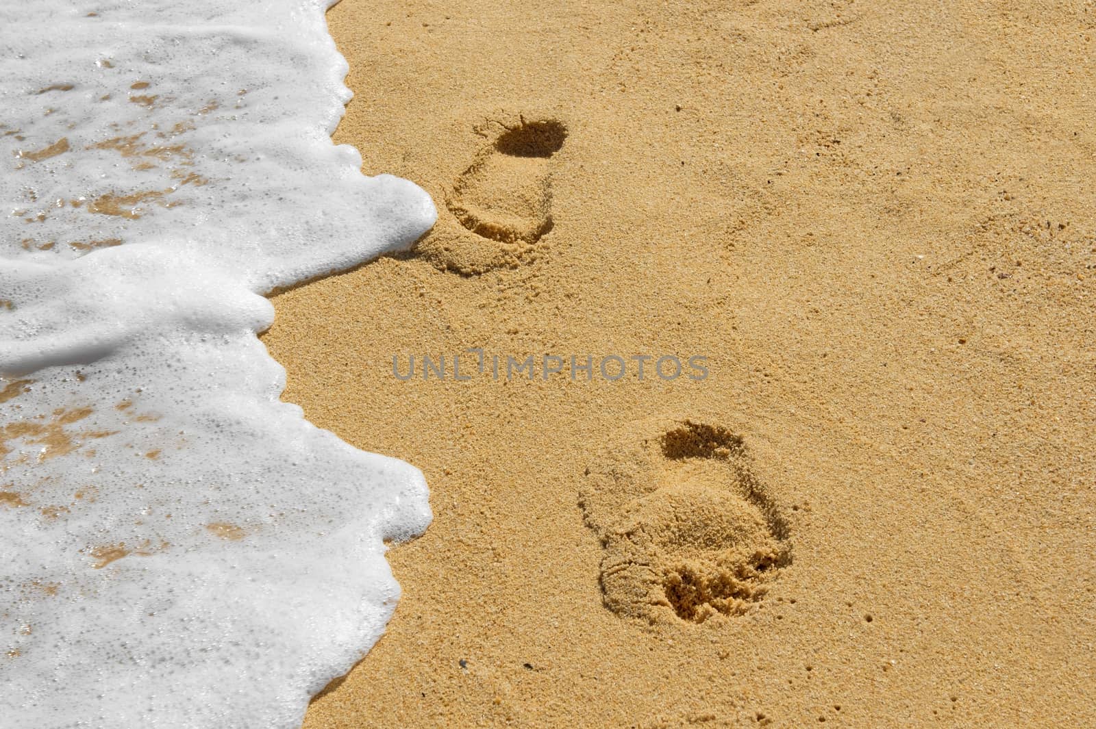 Footprints on a sandy beach near edge of water