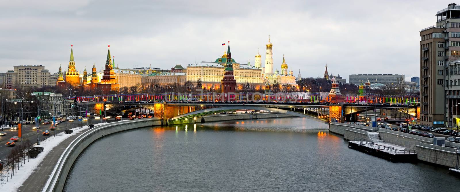 Moscow Kremlin and Moscow river, panorama view from the bridge in the evening. Russia. 