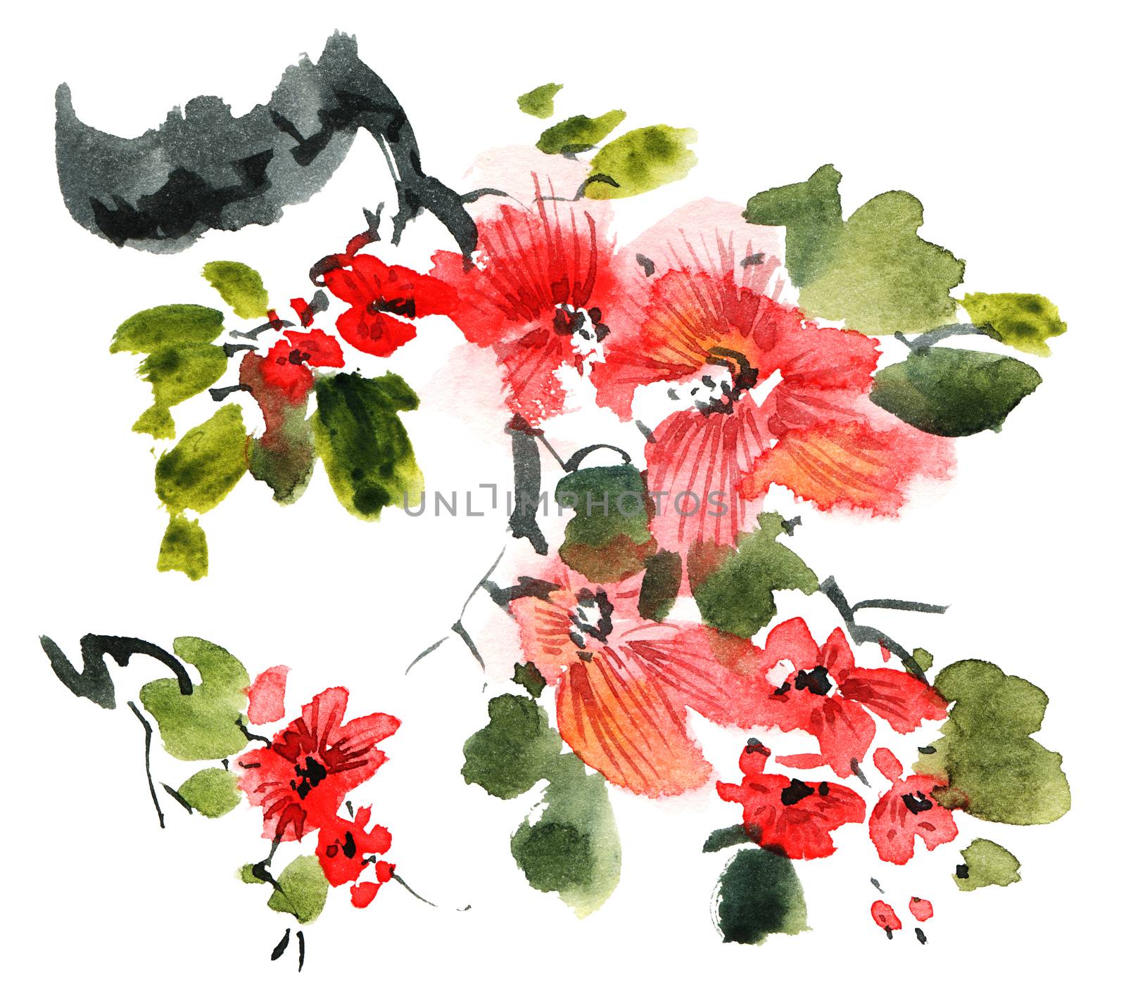 Watercolor and ink illustration of tree with red flowers and green leaves. Oriental traditional painting in style sumi-e, u-sin and gohua. Design for greeting card, invitayion or cover.