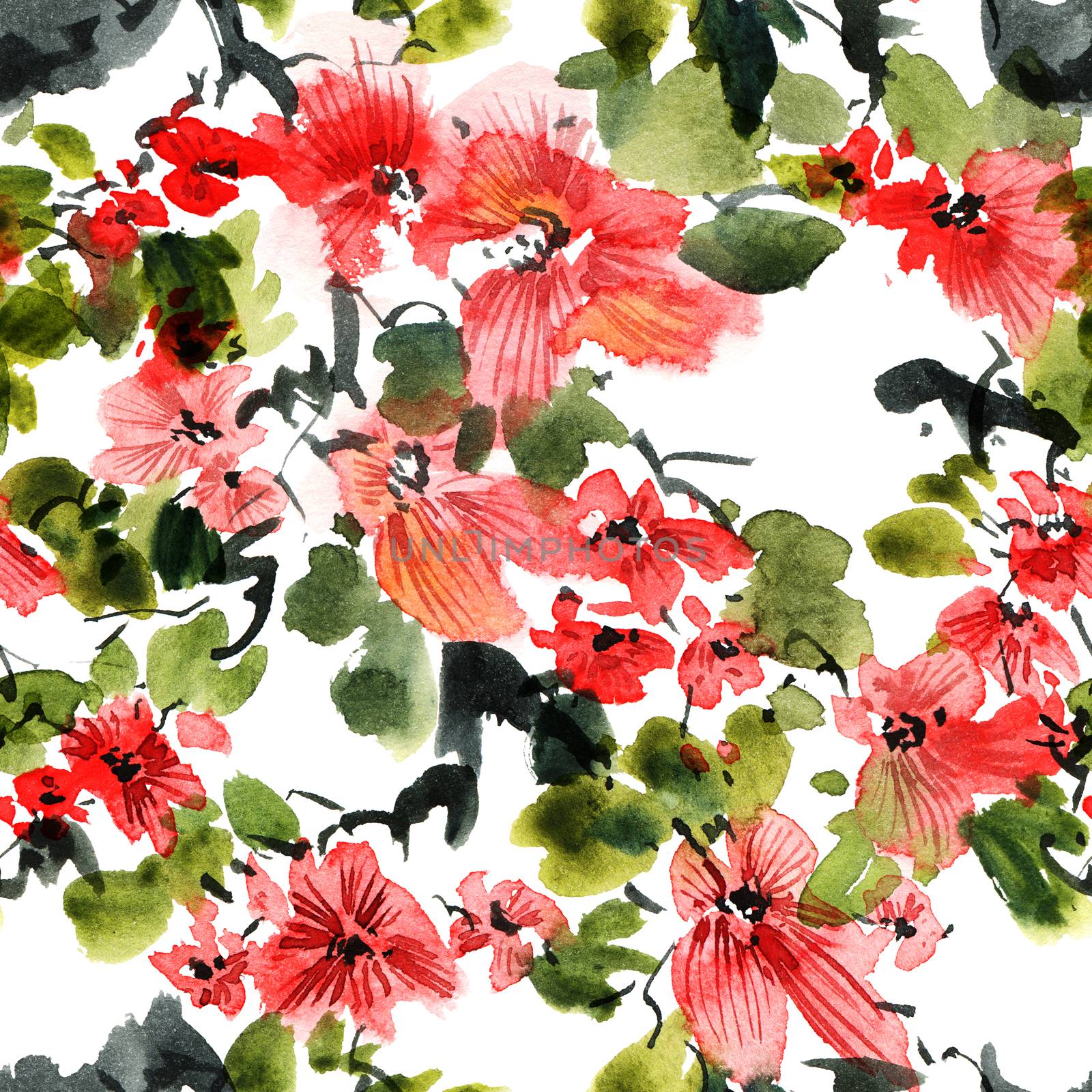 Watercolor and ink illustration of tree with red flowers and green leaves. Oriental traditional painting in style sumi-e, u-sin and gohua. Seamless pattern.