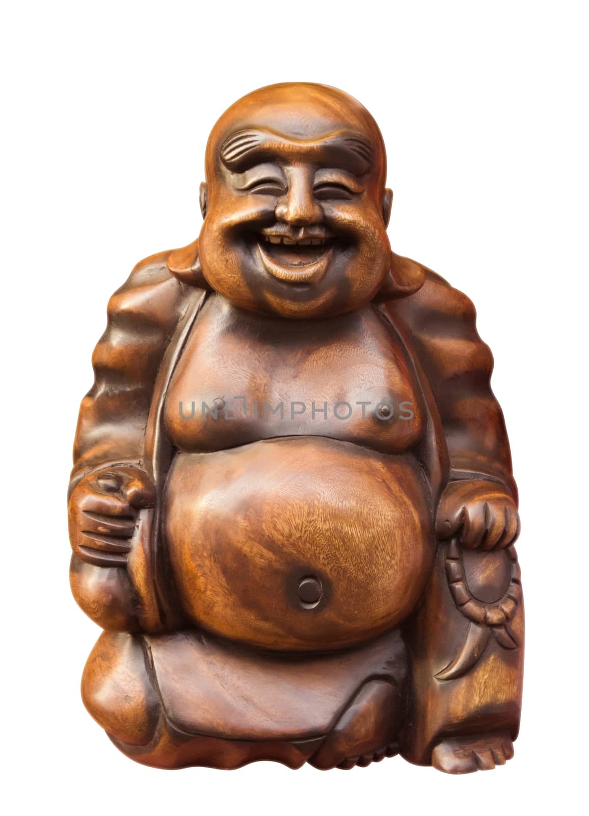 Wooden happy buddha - isolated on white. Clipping path included.