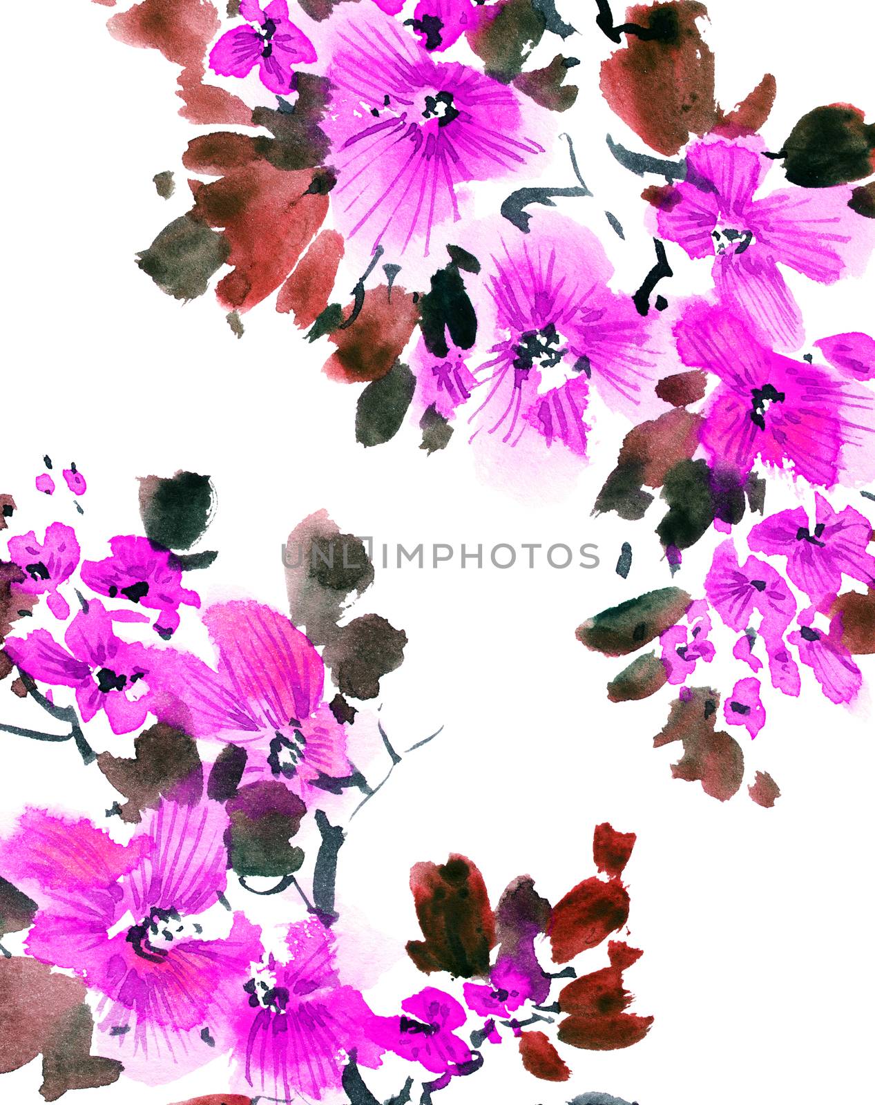 Watercolor and ink illustration of tree with purple flowers and leaves. Oriental traditional painting in style sumi-e, u-sin and gohua. Design for greeting card, invitayion or cover.