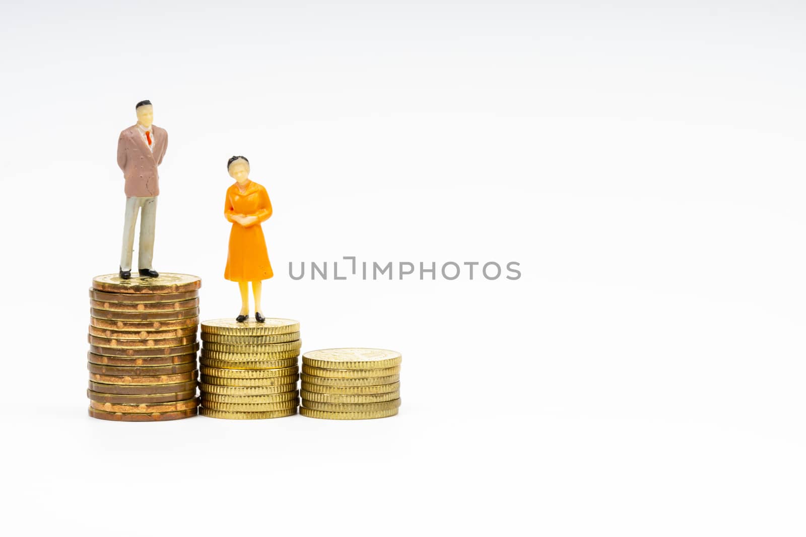 Miniature people standing on stacking coins with white background. Business and Lifestyle concepts.