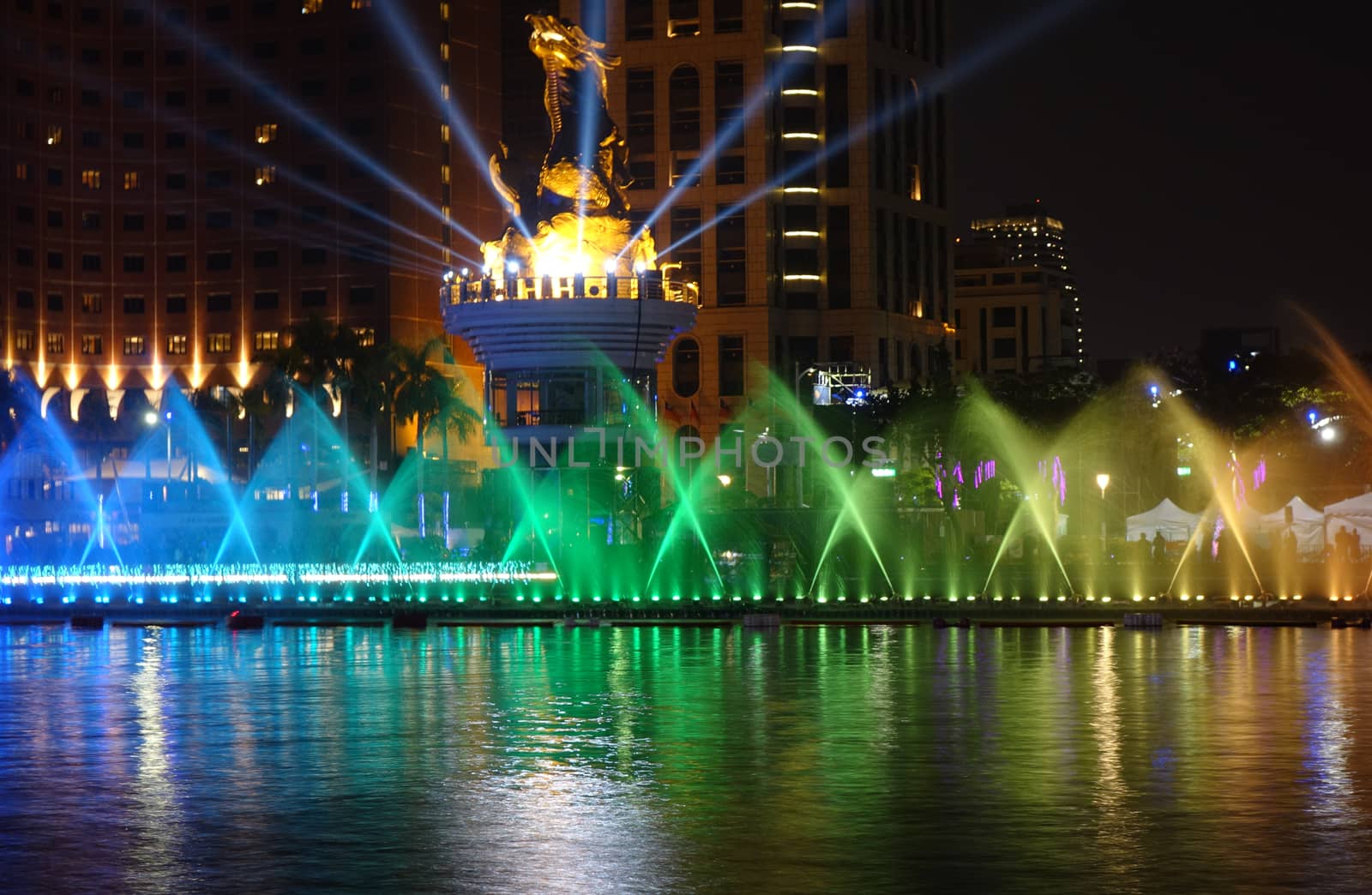 KAOHSIUNG, TAIWAN -- FEBRUARY 6, 2020: A colorful water show takes place during the Lantern Festival at the Love River.