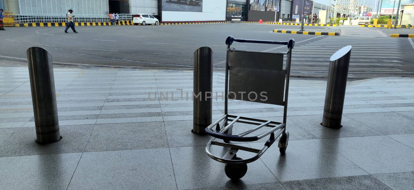 Abandoned and empty bag trolley at International airport of Delhi in June 2020 amidst corona virus pandemic at Indira Gandhi International Airport in Delhi, India