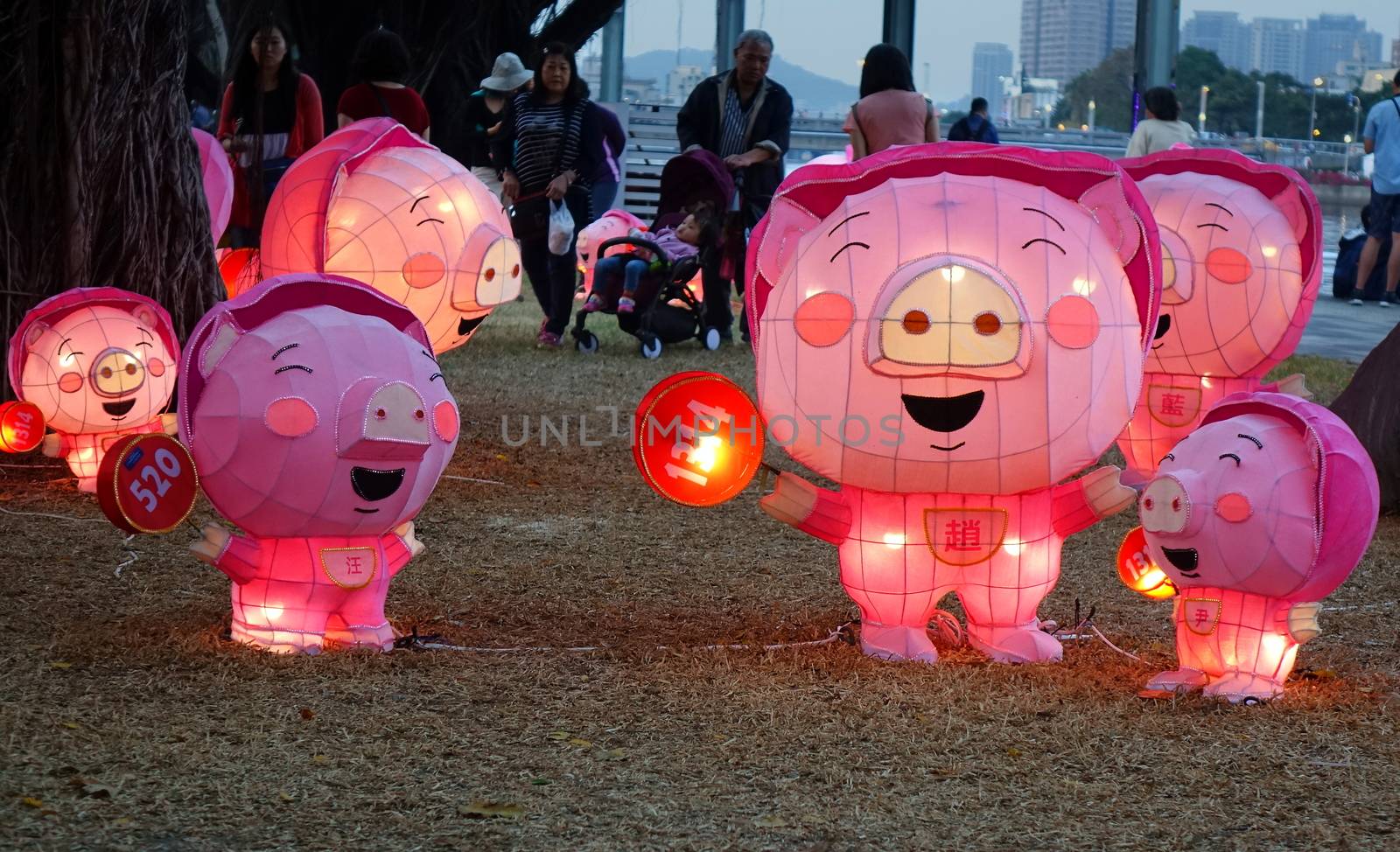 KAOHSIUNG, TAIWAN -- FEBRUARY 9, 2019: Lanterns in the shape of cute pigs are on display for the Chinese Year of the Pig