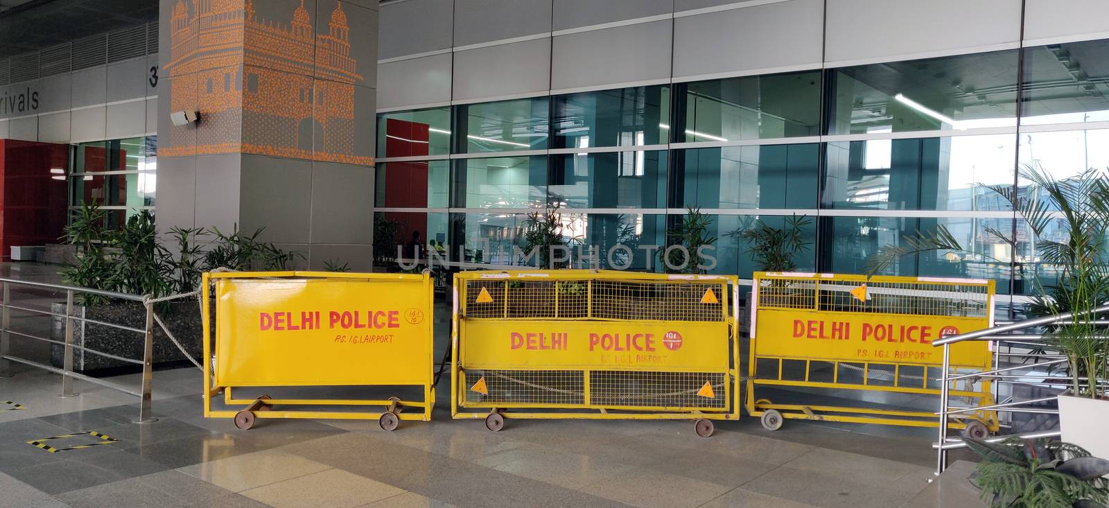 Delhi police barricades on International Arrivals because of corona virus pandemic in Indira Gandhi International Airport in Delhi