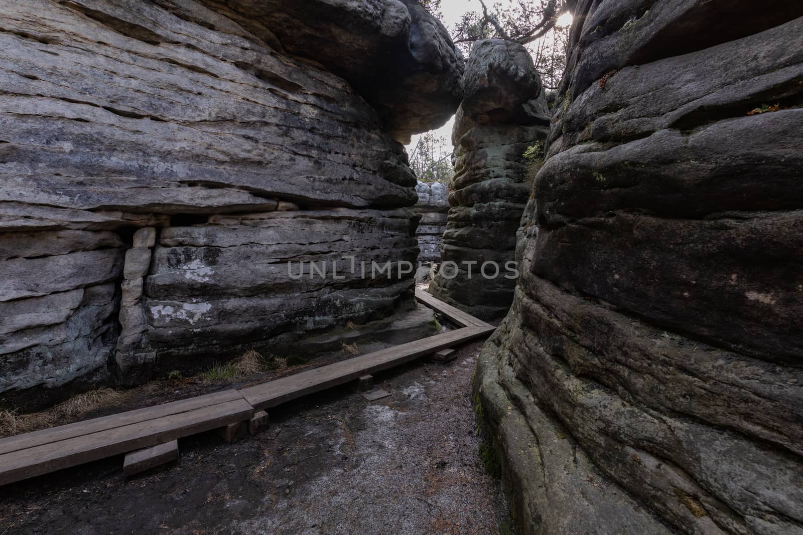 Stolowe Mountains National Park. Path in Rock Labyrinth hiking t by mariusz_prusaczyk