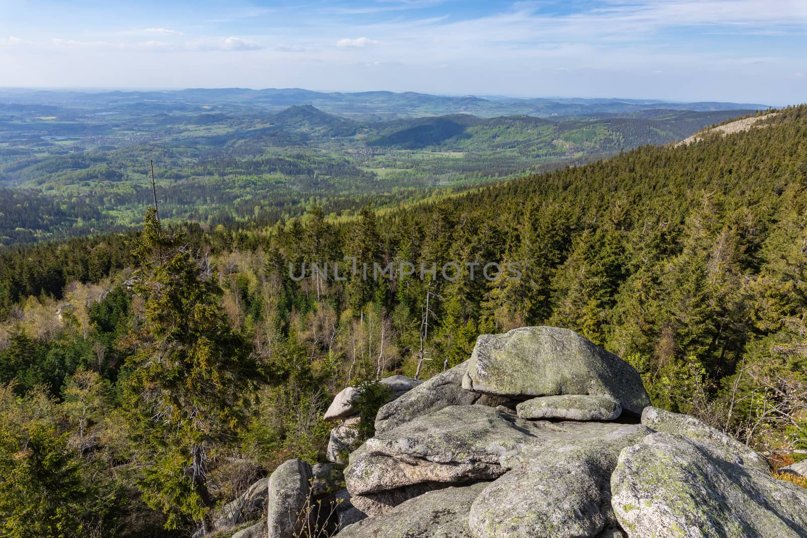 Rudawy Janowickie Landscape Park. Mountain range in Sudetes in Poland. View from Mala Ostra hill.