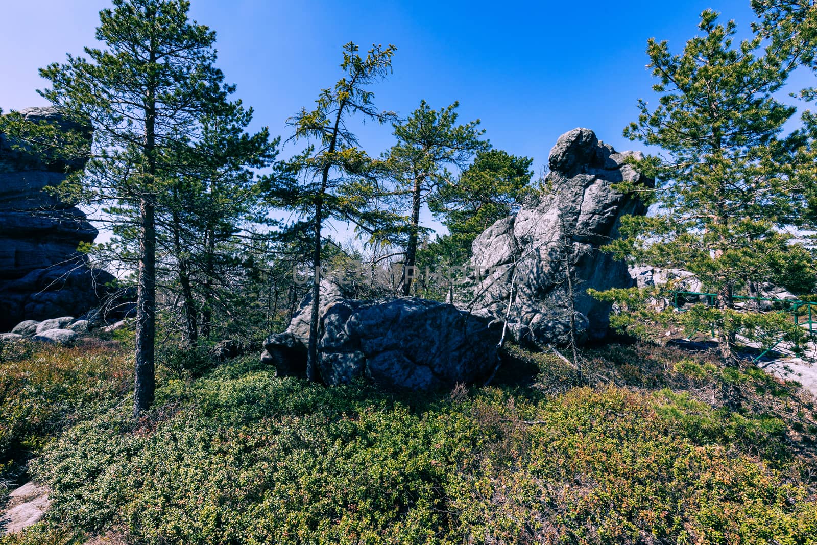 Stolowe Mountains National Park. Path in Rock Labyrinth hiking trail Bledne Skaly. Errant Rocks in Sudetes Mountains near Kudowa-Zdroj, Lower Silesia, Poland.