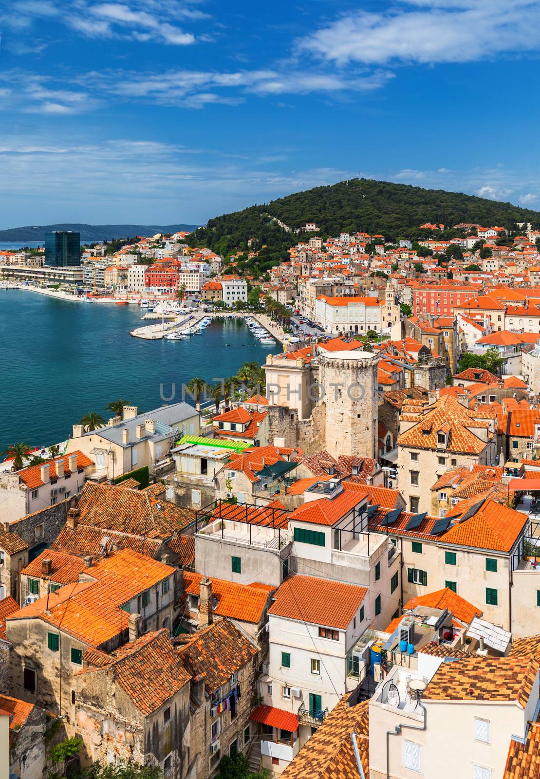 Split waterfront and Marjan hill aerial view, Dalmatia, Croatia. UNESCO World Heritage Site. Split panoramic view of town, Dalmatia, Croatia.
