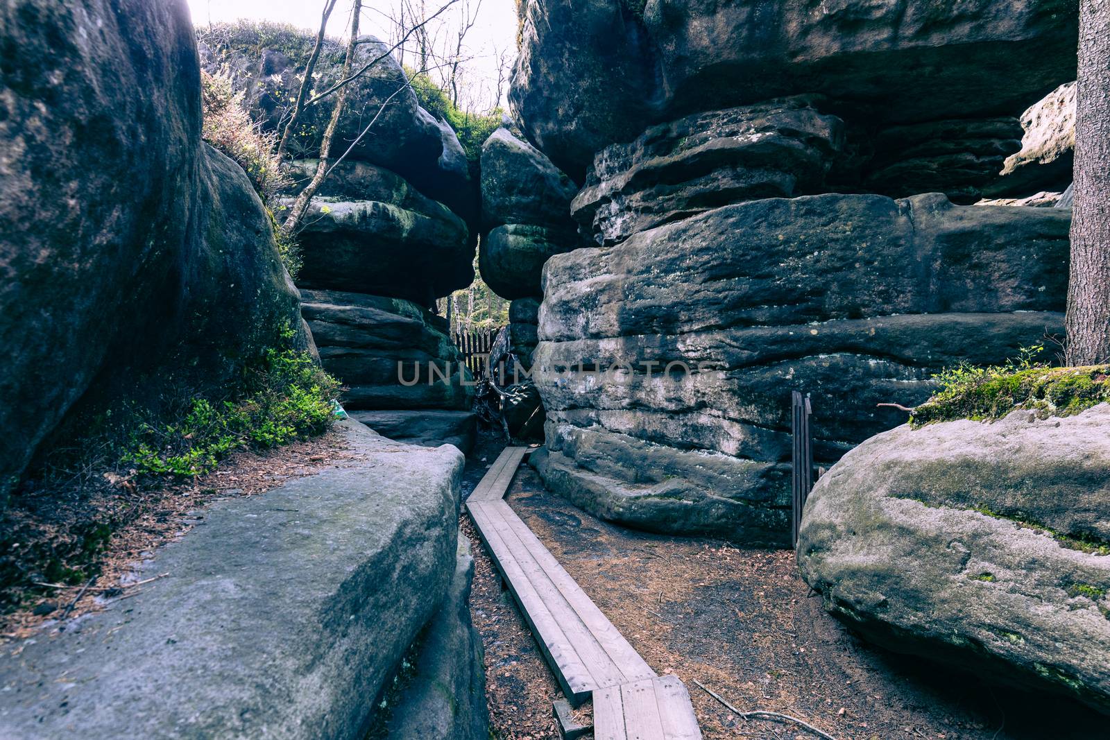 Stolowe Mountains National Park. Path in Rock Labyrinth hiking t by mariusz_prusaczyk