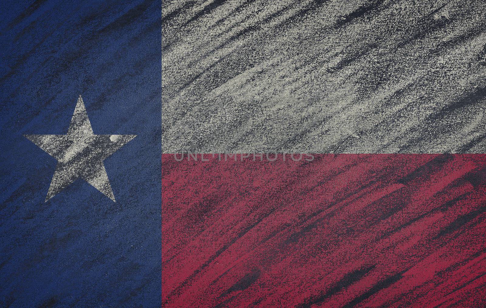 Close-up of national Texas state flag painted with colored chalk on a blackboard. 3D rendering