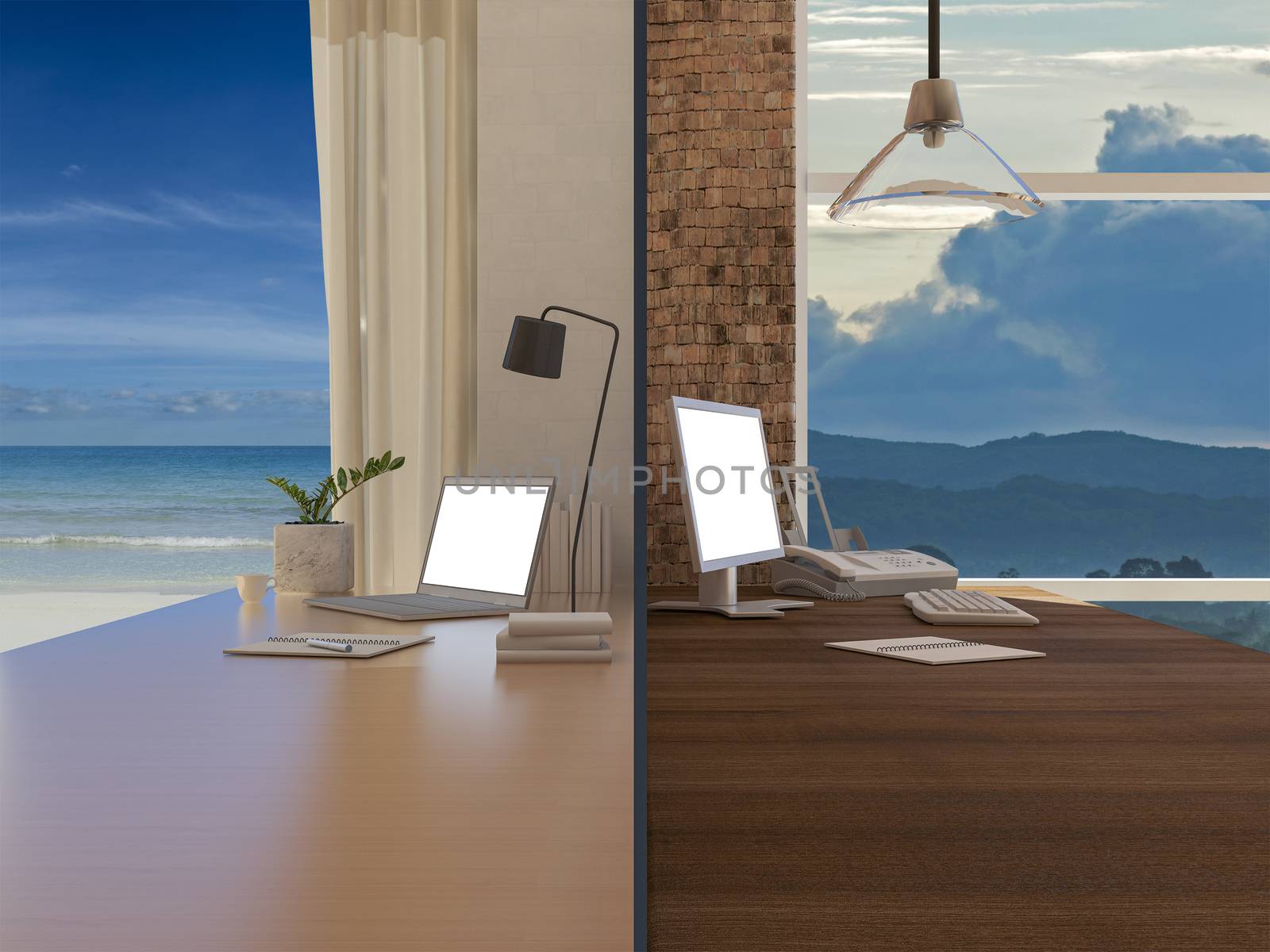 3d rendering image of 2 working tables that shows working at home but still able to connect to work At the time of a serious epidemic. monitor screen mockup.