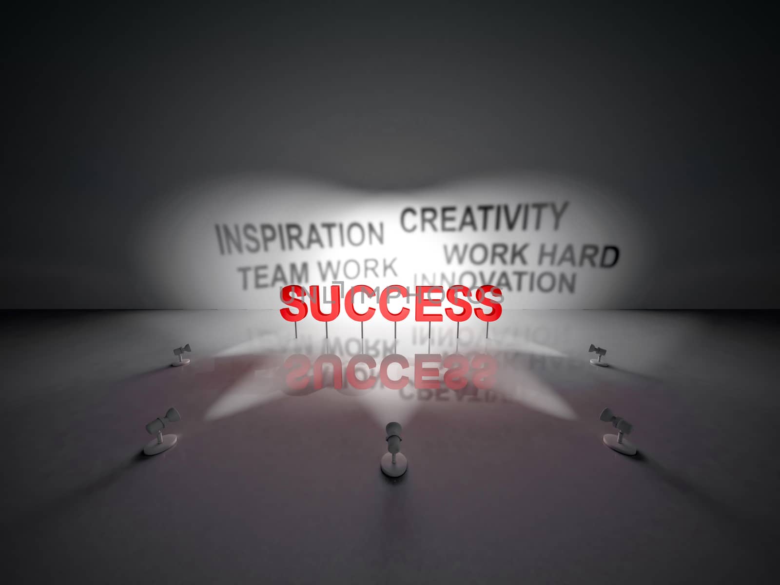 A word "SUCCESS" have shadows as "WORK HARD, CREATIVITY, TEAMWORK, INNOVATION, INSPIRATION"Selective color red.