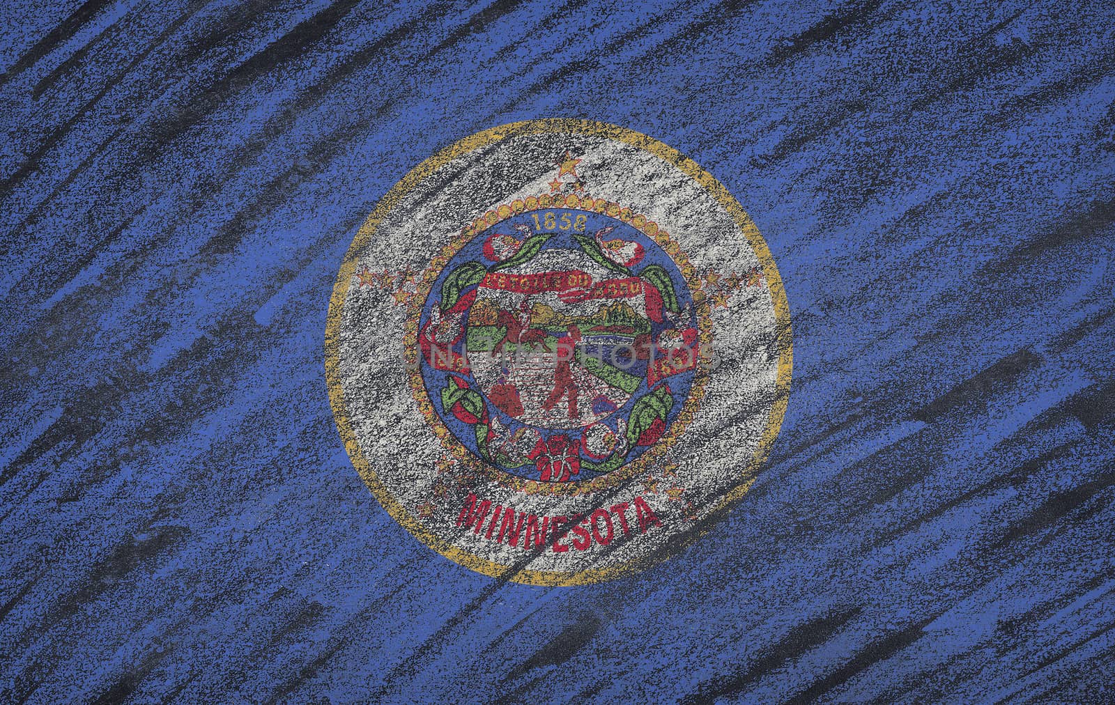 Close-up of national Minnesota state flag painted with colored chalk on a blackboard. 3D rendering