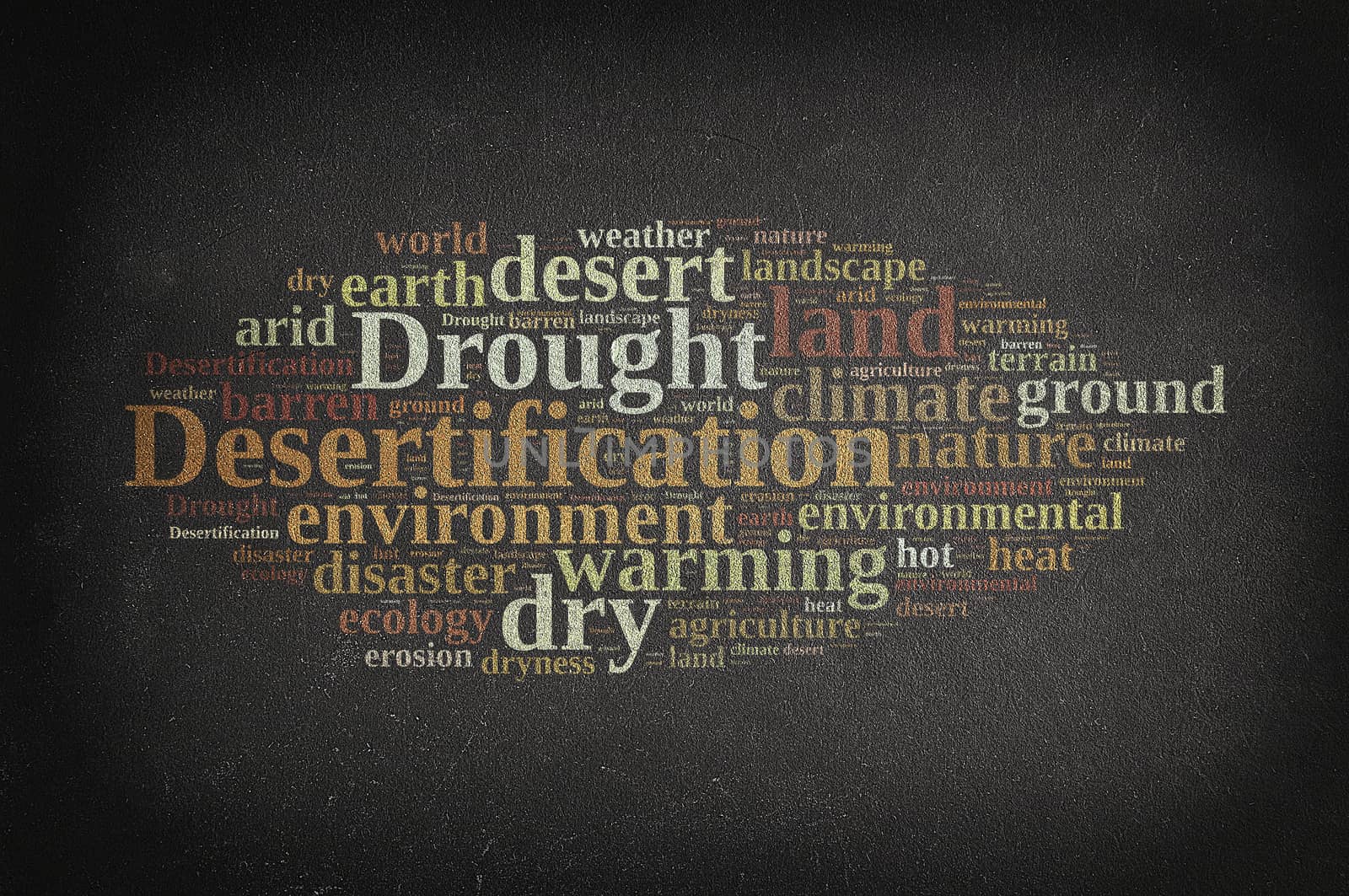 Blackboard with word cloud about desertification. 3D rendering.