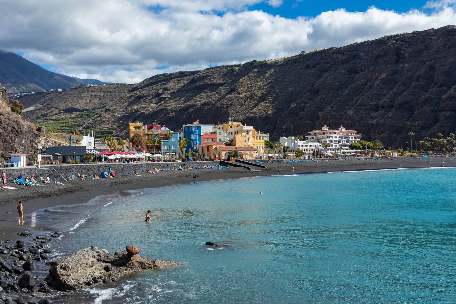 Tazacorte beach with black lava sand at La Palma, Canary Island, Spain.