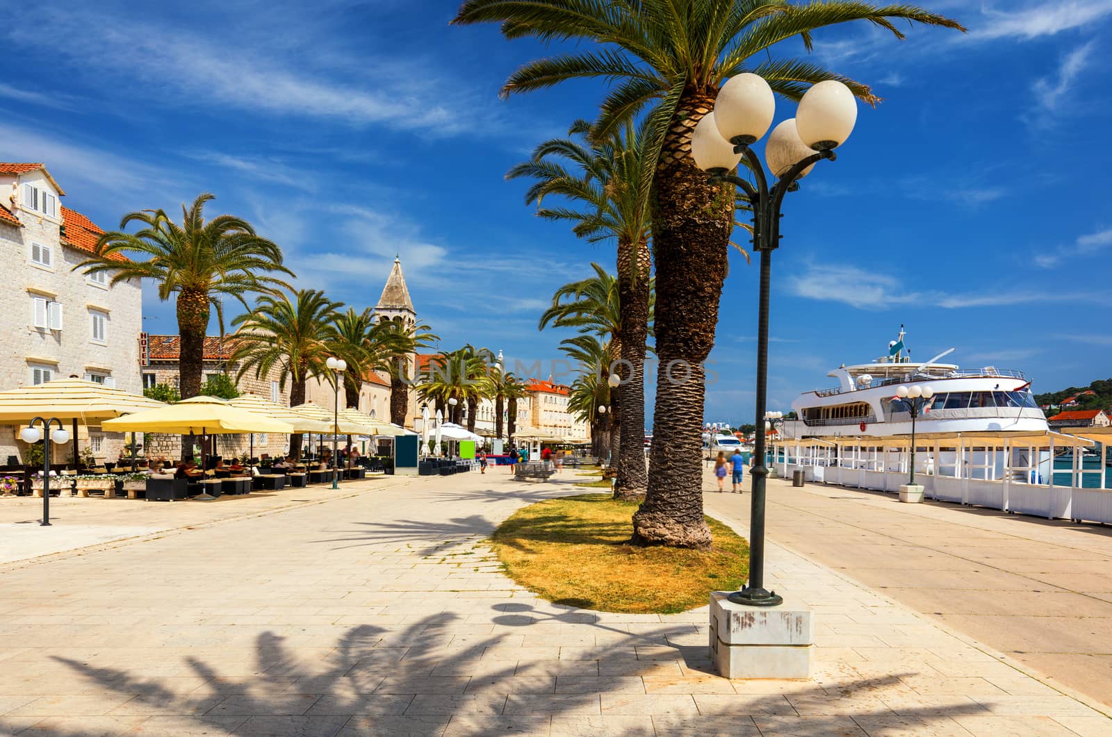 View at town Trogir, old touristic place in Croatia Europe. Trogir town coastal view. Magnificent Trogir, Croatia. Sunny old Venetian town, Dalmatian Coast in Croatia.