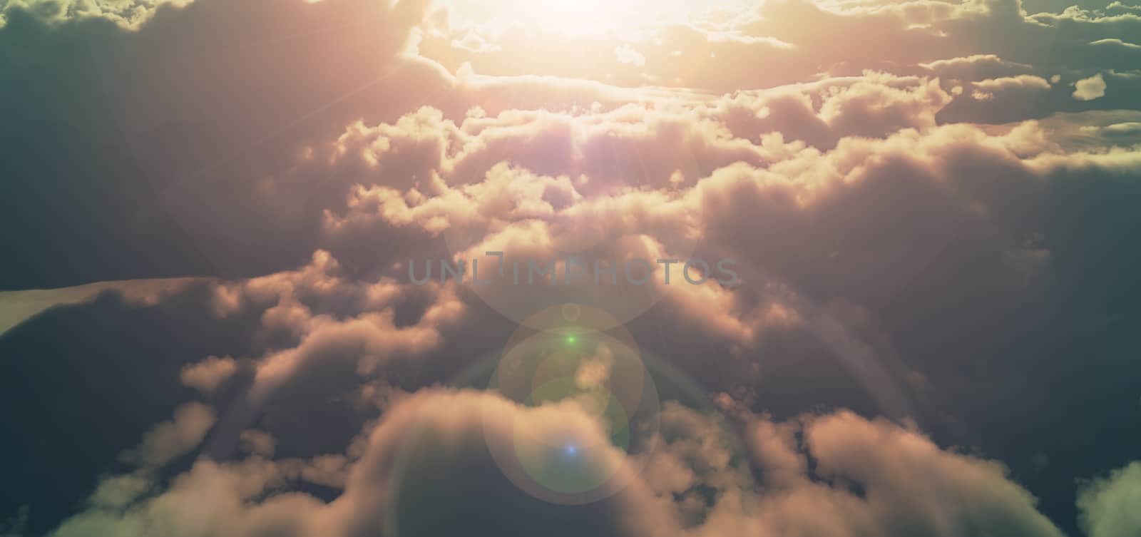 fly above clouds sunset god ray, 3d render