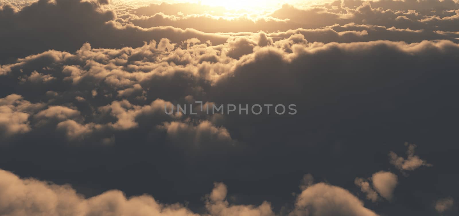 fly above clouds sunset god ray, 3d render