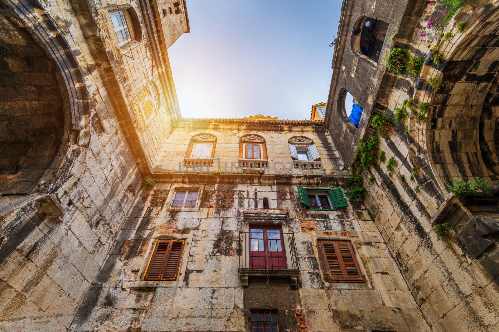 Street in Split historical center, Croatia. Beautiful square of the old town of Split in Croatia. Old stone street of Split historic city, Dalmatia, Croatia