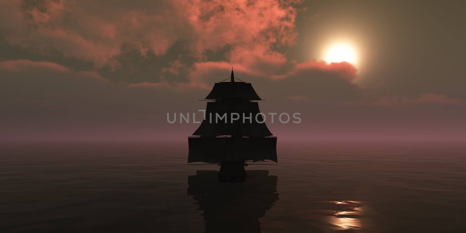 old ship sunset at sea, 3d render