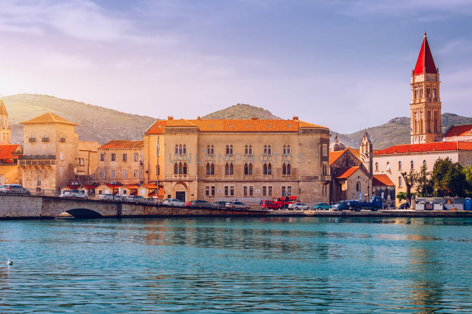 View at town Trogir, old touristic place in Croatia Europe. Trogir town coastal view. Magnificent Trogir, Croatia. Sunny old Venetian town, Dalmatian Coast in Croatia.