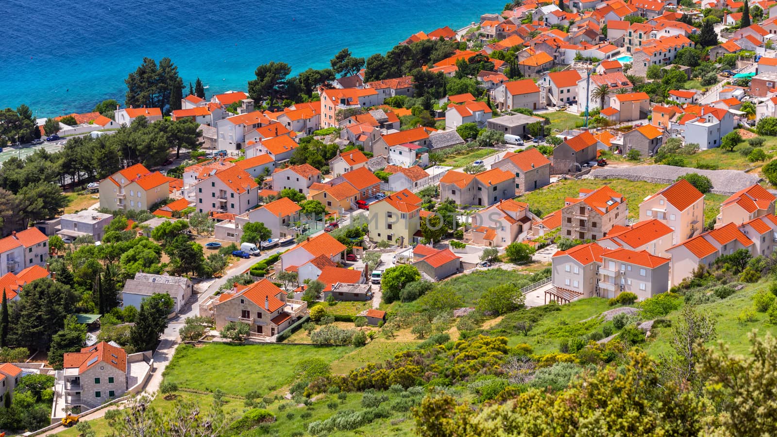 Bol on Brac island panoramic aerial view, Dalmatia, Croatia. Town of Bol from Vidova Gora aerial view, Island of Brac, Dalmatia, Croatia.