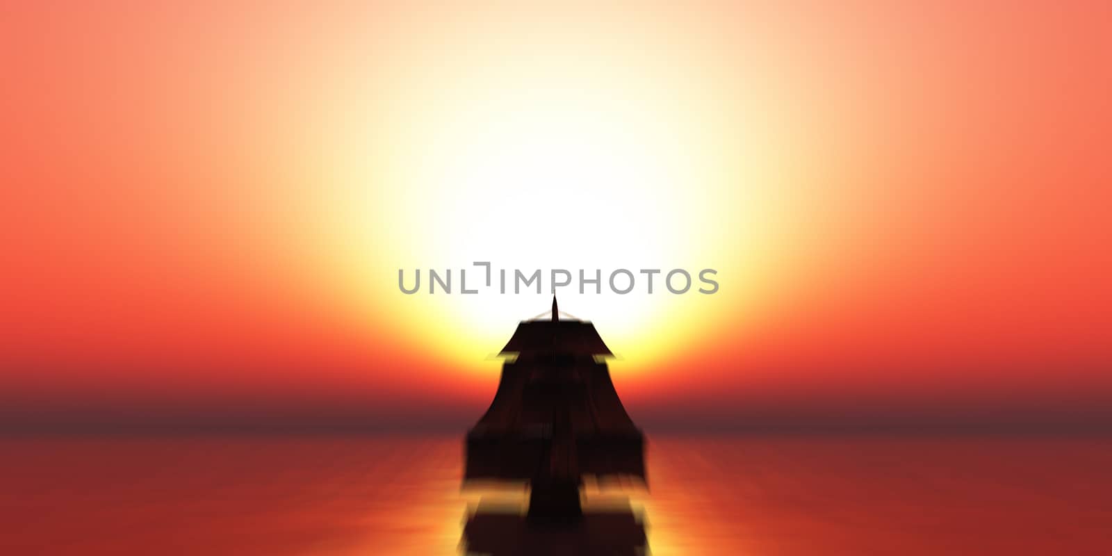 old ship sunset at sea, 3d render