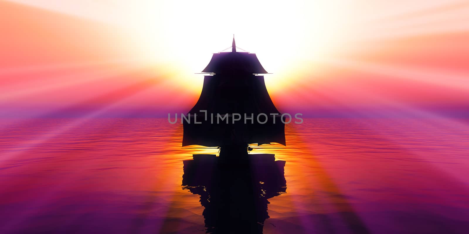 old ship sunset at sea, 3d render