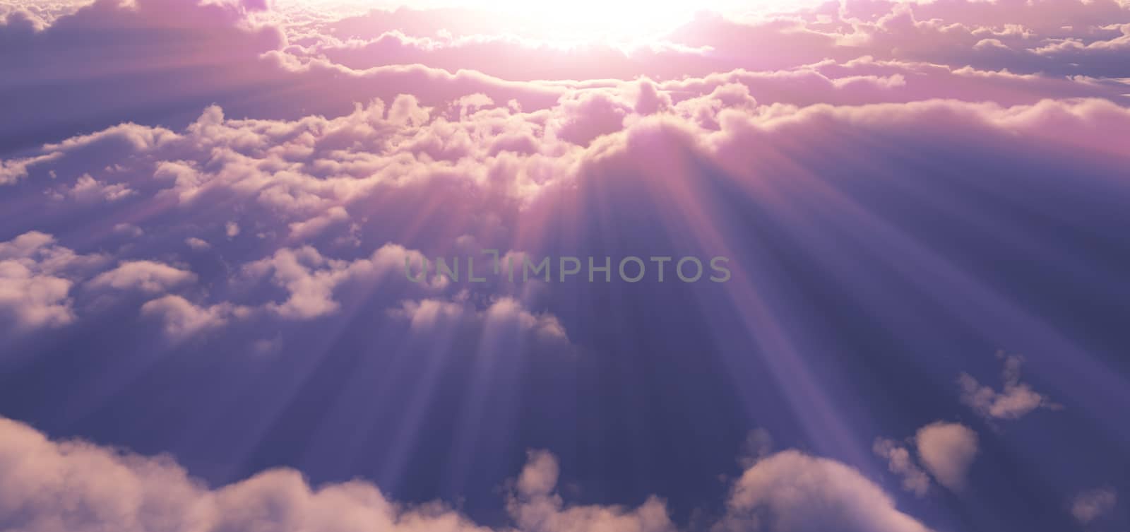 fly above clouds sunset god ray, 3d render