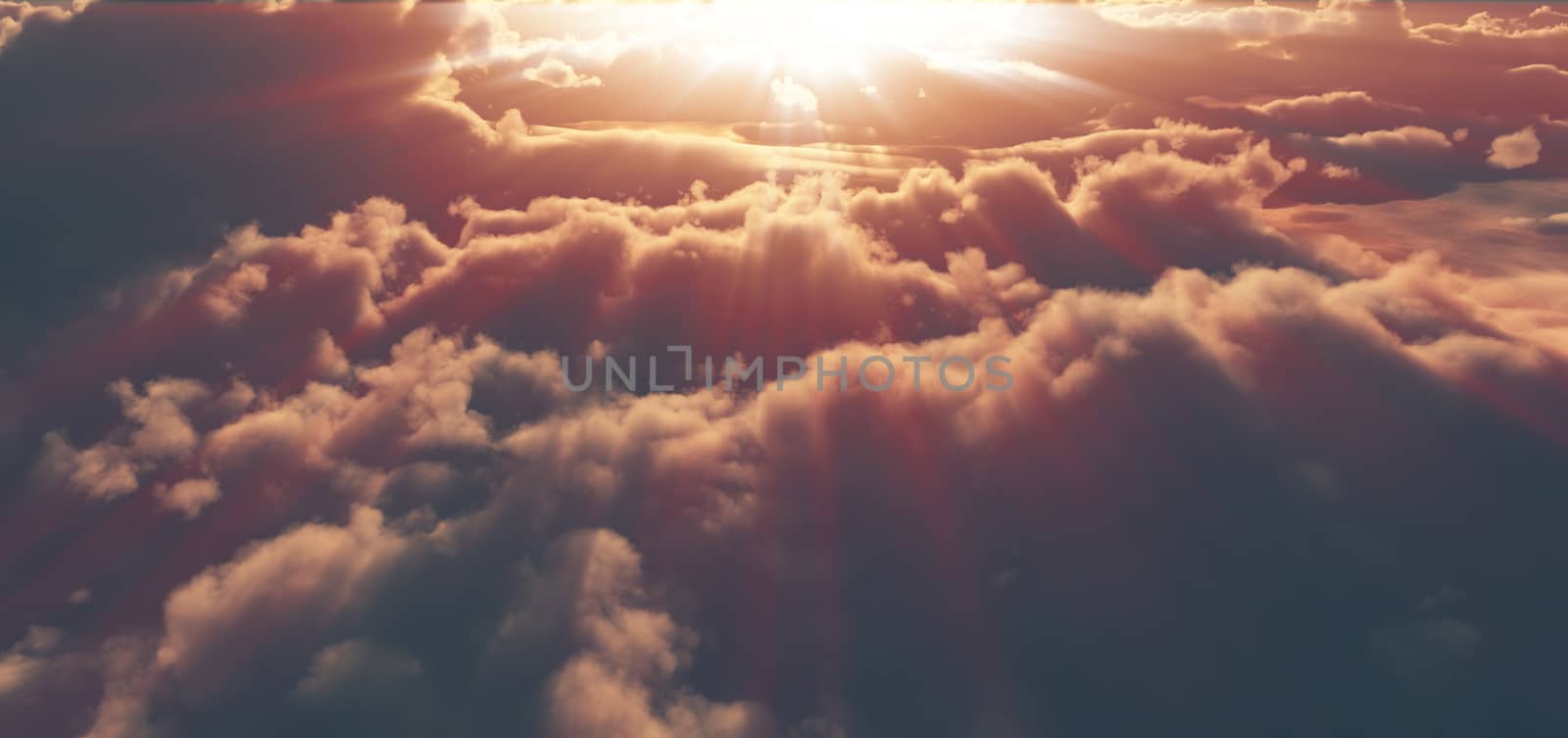 fly above clouds sunset god ray, 3d render