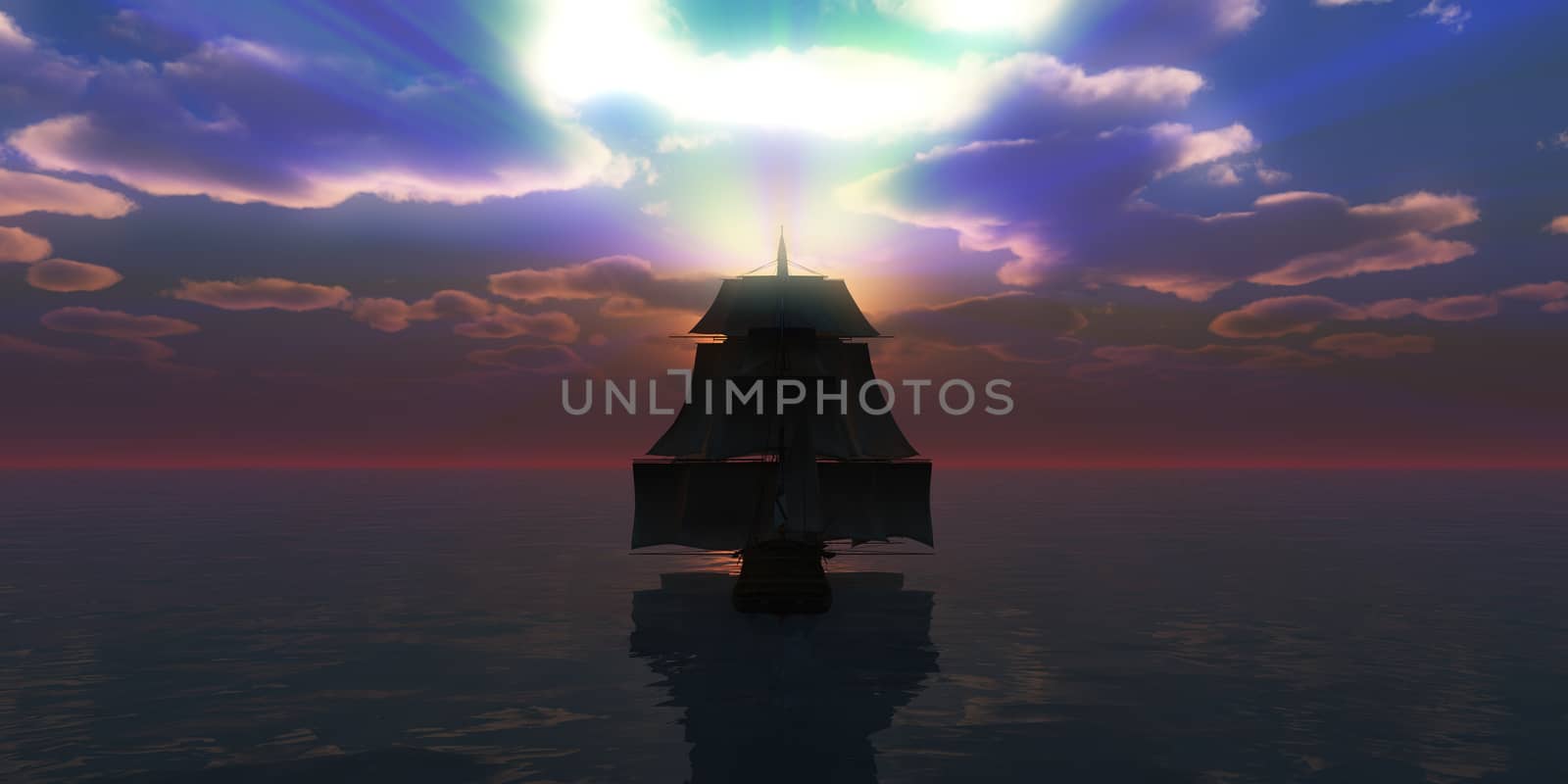 old ship sunset at sea, 3d render