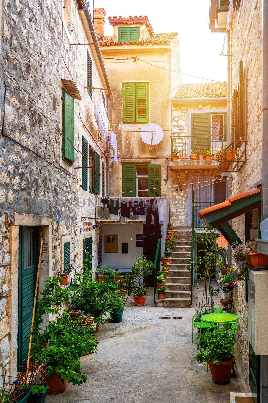 Street in Split historical center, Croatia. Beautiful square of the old town of Split in Croatia. Old stone street of Split historic city, Dalmatia, Croatia