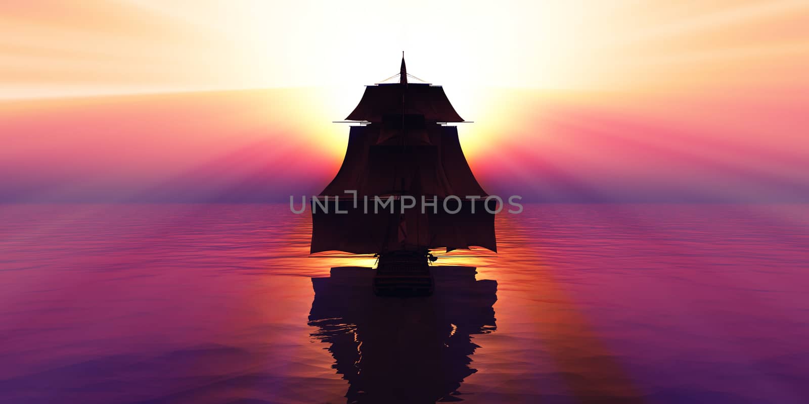 old ship sunset at sea, 3d render