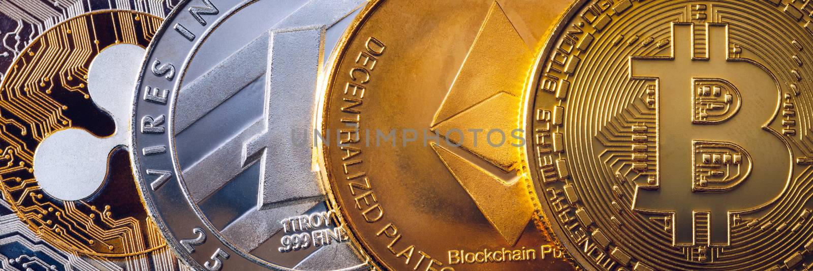 Set of cryptocurrencies with Bitcoin, Etherium, Ripple, Litecoin. Cryptocurrencys new digital money. Bitcoin on the front as the leader. Bitcoin as most important cryptocurrency.