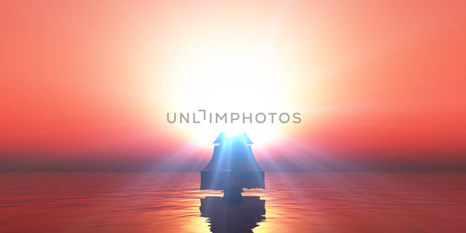 old ship sunset at sea, 3d render