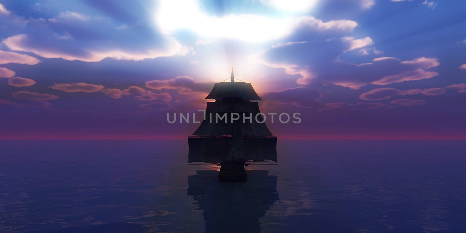 old ship sunset at sea, 3d render