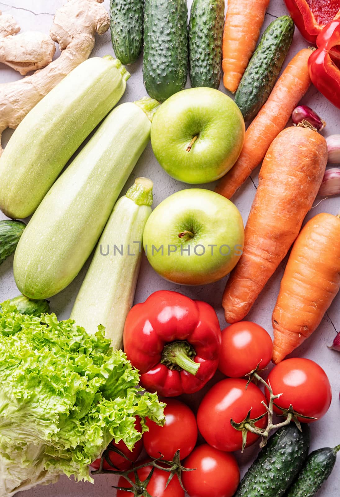 Healthy food. Top view of healthy fruit and vegetables