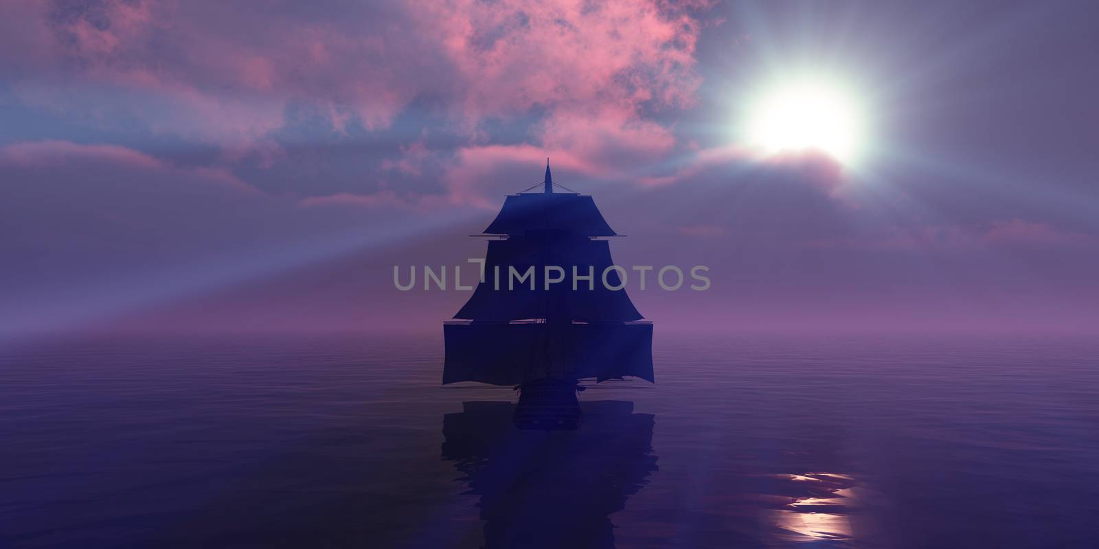 old ship sunset at sea, 3d render