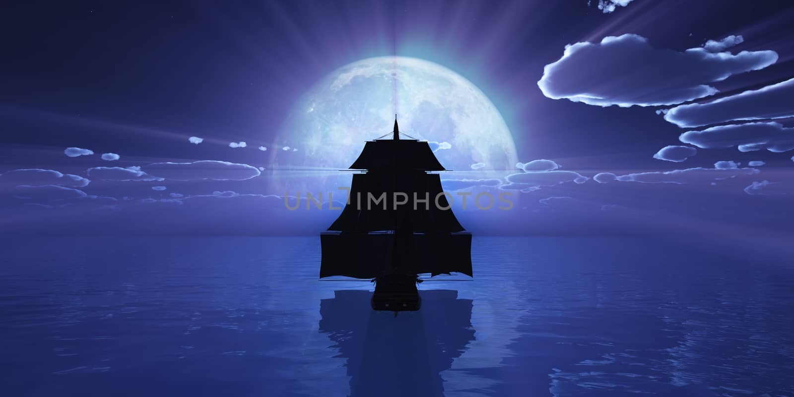 old ship at night full moon by alex_nako