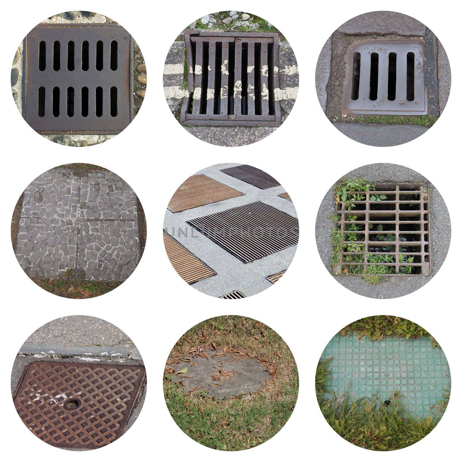 collage of nine steel drains in the street