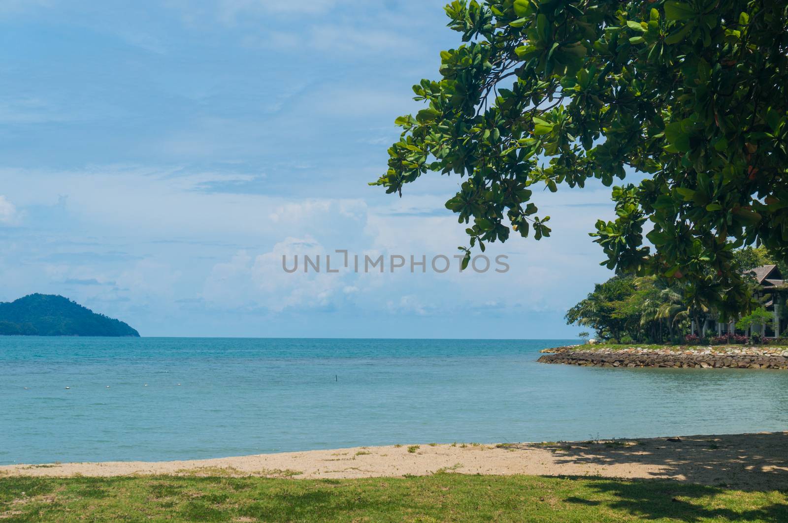 shot of a beautiful golden sand beach with blue water beautiful fluffy clouds shot in Malaysia. With a shady leafy tree and mountains in the background