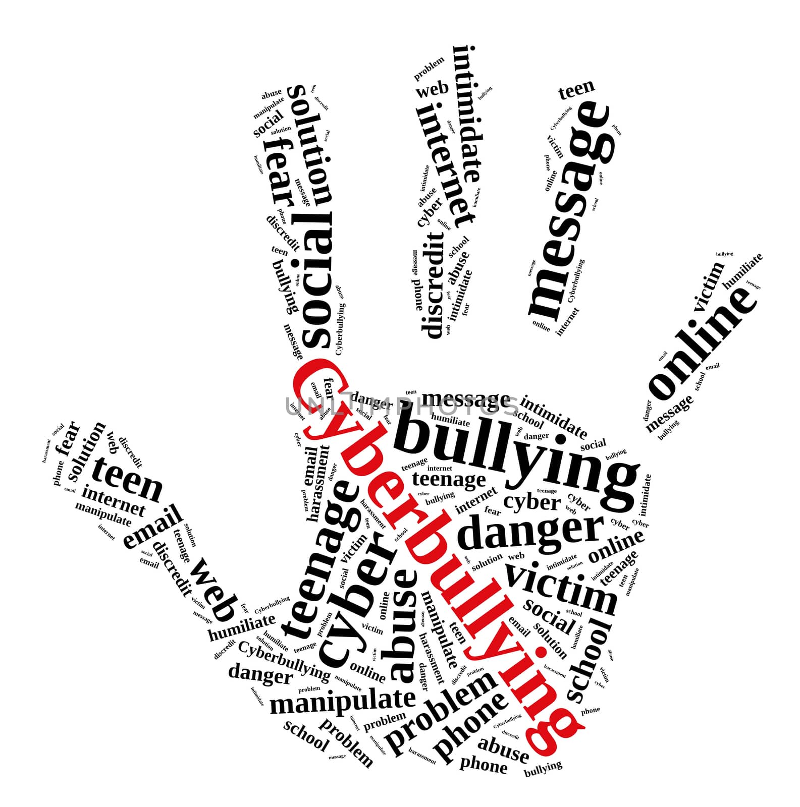 Illustration with word cloud on cyberbullying.