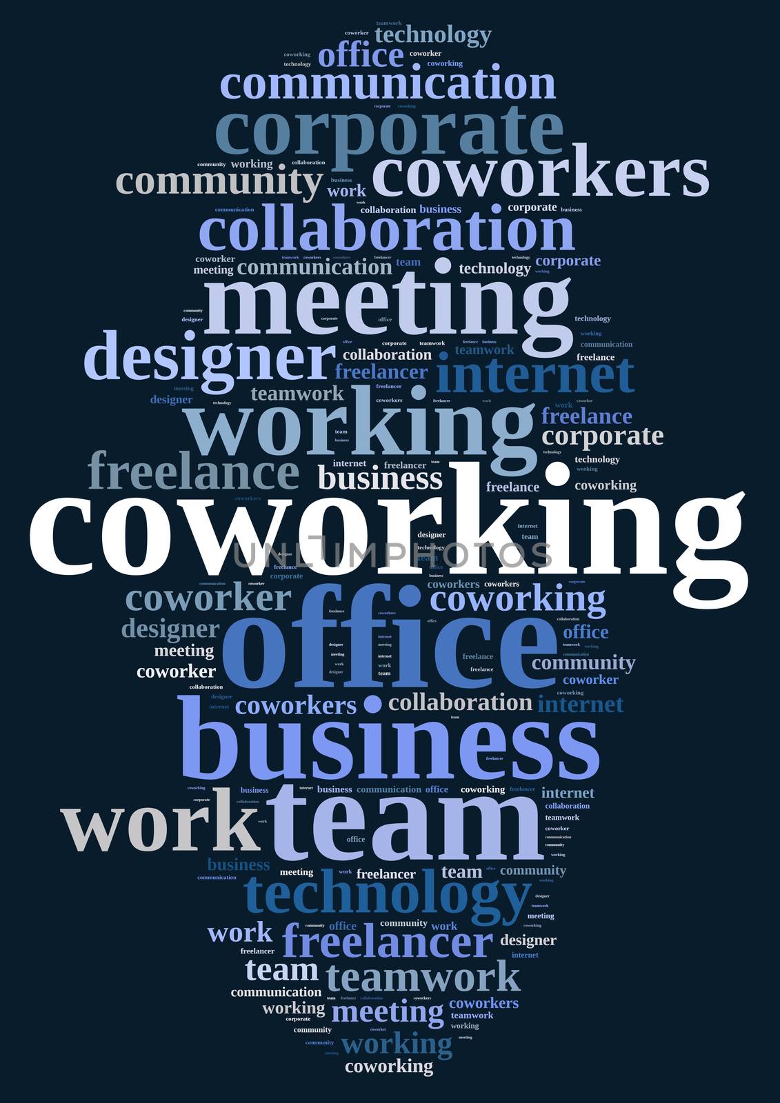 Illustration with word cloud with the word coworking.