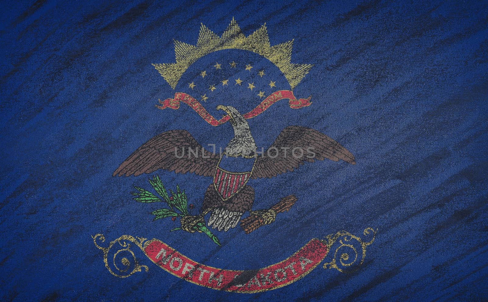 Close-up of national North Dakota state flag painted with colored chalk on a blackboard.
